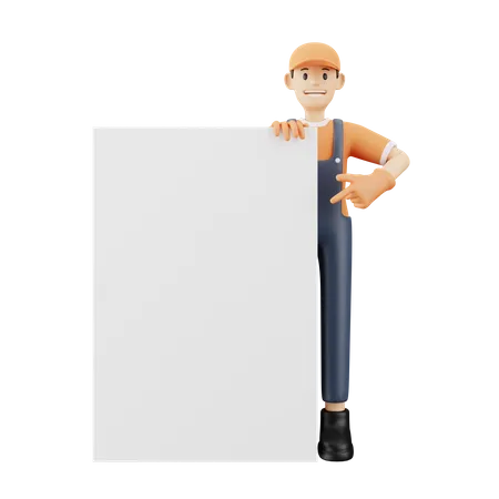 Delivery guy holding blank banner 3D Illustration