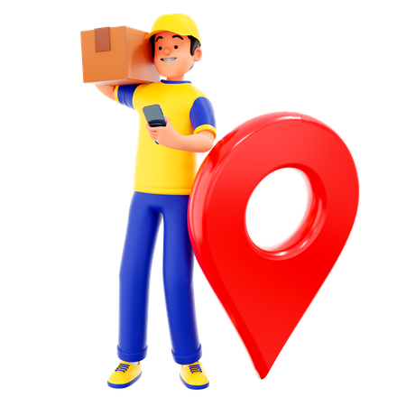 Delivery Guy Holding Phone With Big Bag And Location  3D Illustration