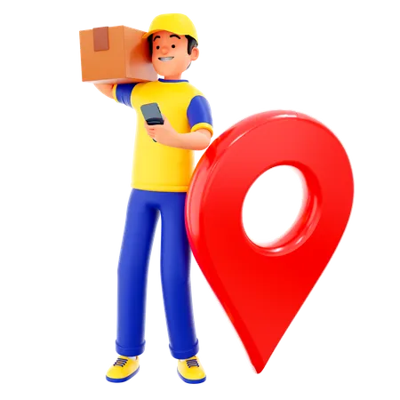 Delivery Guy Holding Phone With Big Bag And Location  3D Illustration