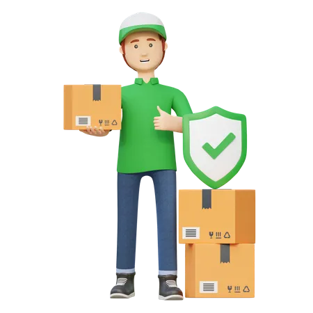Delivery Man Sending Package Box Protection Insurance 3 D Cartoon Illustration 3D Illustration