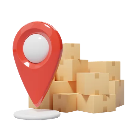 3 D Red Location Map Pin And Box Plastic Realistic GPS Navigator Pile Of Stacked Sealed Cardboard Boxes On Transparent Delivery Express Shipping Concept Cartoon Icon Minimal Style 3 D Render 3D Icon