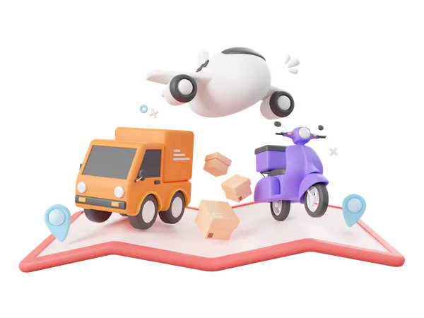 3 D Cartoon Design Illustration Of Delivery Service Delivery Airplane Truck And Scooter With Pins On Map 3D Icon