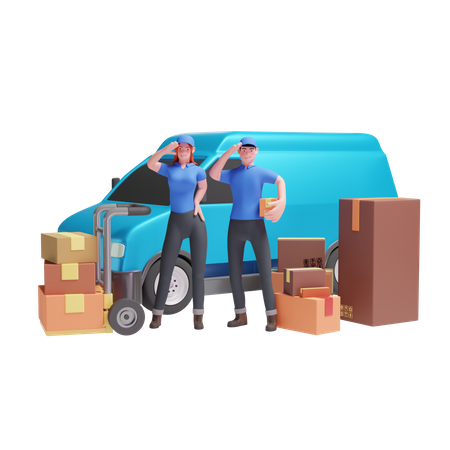 Delivery man and Delivery girl salute in front of van  3D Icon