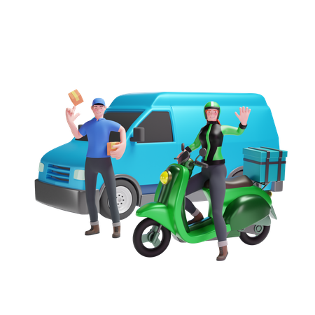 Delivery man and Delivery girl waving in van and scooter 3D Illustration