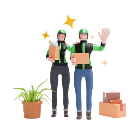 Delivery man and Delivery girl standing  3D Illustration