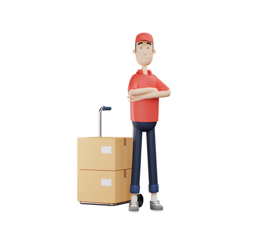 Delivery man beside package dolly  3D Illustration