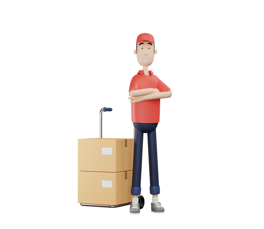 Delivery man beside package dolly 3D Illustration