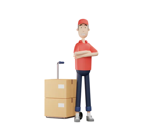 3 D Courier Character Crossing Hands Beside Hand Truck 3D Illustration