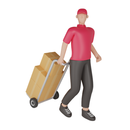 Delivery man carrying a shipment dolly 3D Illustration