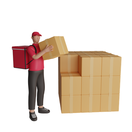 Delivery man carrying a shipment to a warehouse 3D Illustration