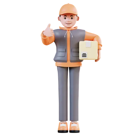 Delivery Man Carrying Delivery Box While Showing Thumbs Up  3D Illustration