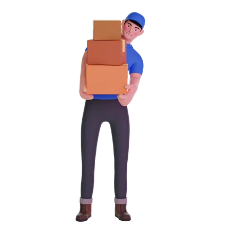 Delivery Man In Uniform Carrying Boxes On Transparent Background 3 D Illustration 3D Illustration