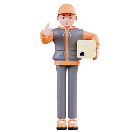 Delivery Man Carrying Delivery Box While Showing Thumbs Up  3D Illustration