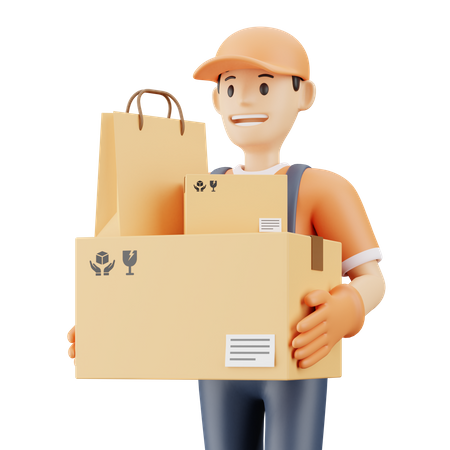 Delivery man carrying delivery boxes 3D Illustration