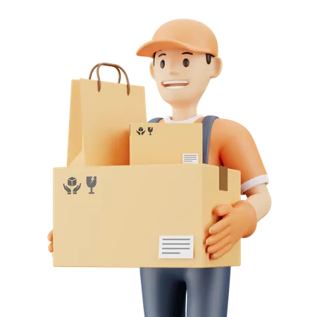 Delivery man carrying delivery boxes  3D Illustration