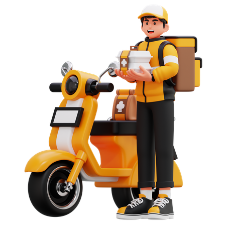 Delivery Man Carrying Food On Motorbike  3D Illustration