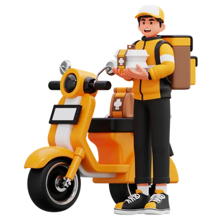 Delivery Man Carrying Food On Motorbike  3D Illustration