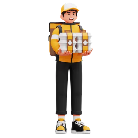 Delivery Man Carrying Many Piles Of Food  3D Illustration
