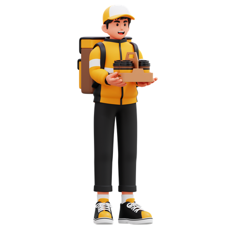 Delivery Man Carrying Paper Tray Of Coffee  3D Illustration