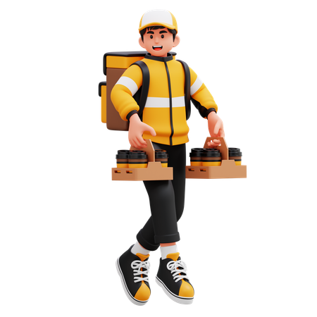 Delivery Man Carrying Paper Tray Of Coffee While Walking  3D Illustration