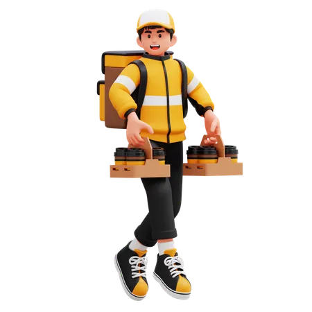 Delivery Man Carrying Paper Tray Of Coffee While Walking  3D Illustration
