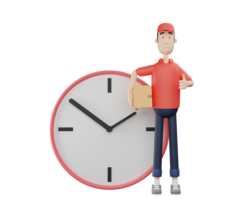 Delivery man carrying parcel box holding thumbs up beside big clock  3D Illustration