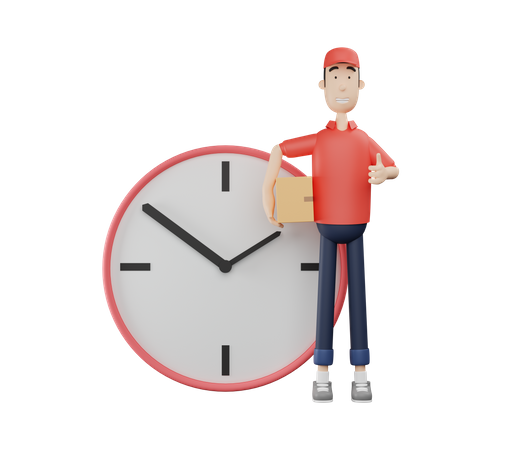 Delivery man carrying parcel box holding thumbs up beside big clock 3D Illustration