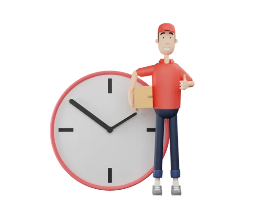 3 D Courier Character Carrying Parcel Box Holding Thumbs Up Beside Big Clock 3D Illustration