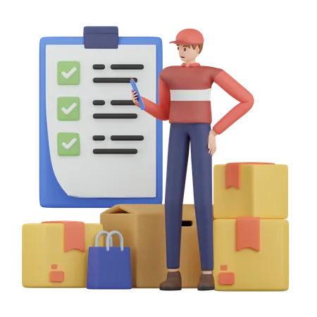 Delivery Man Checking Package List  3D Illustration