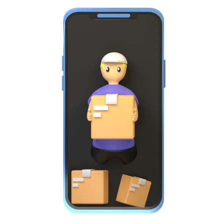 3 D Rendering Delivery Man Inside Smartphone Shipping Box From Online Shopping Concept 3D Illustration