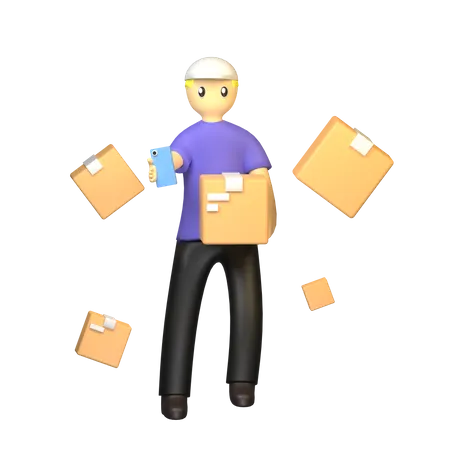 3 D Rendering Delivery Man With Floating Shipping Box From Online Shopping 3D Illustration