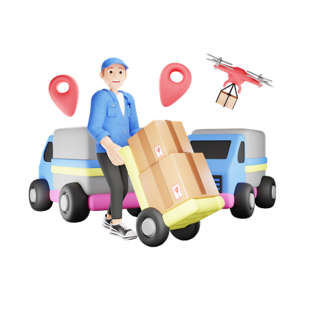 Delivery man delivering package through truck  3D Illustration