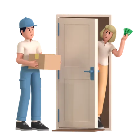 Delivery Man Doing Cash On Delivery  3D Illustration