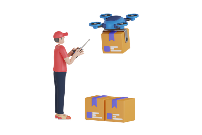Delivery Man Doing Drone Delivery  3D Illustration