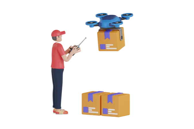 Drone Delivery 3 D Illustration Man Doing Drone Delivery 3 D Illustration Delivery Drone With The Cardboard Box Flying Over 3D Illustration