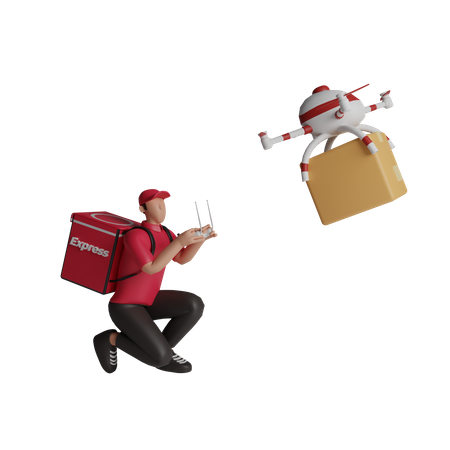 Delivery man doing drone delivery 3D Illustration
