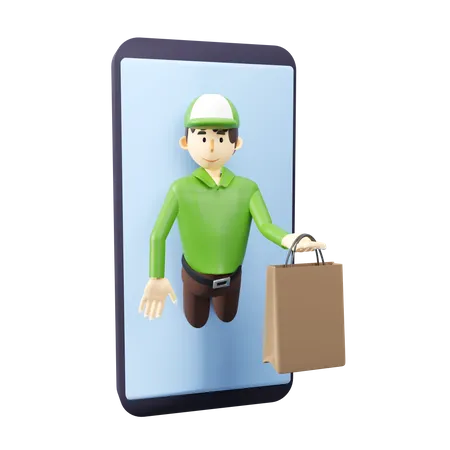 Fast Delivery Service Concept Deliveryman Is Pop Out From Smartphone To Sending A Paperbag 3 D Rendering Cartoon Illustration 3D Illustration