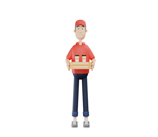 Delivery man doing pizza delivery with coffee cup 3D Illustration