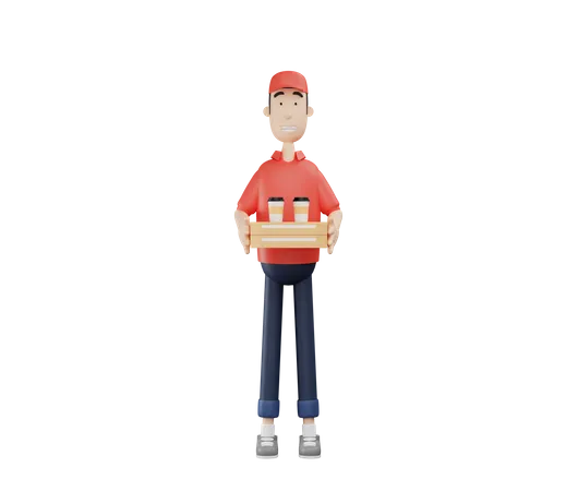 Delivery man doing pizza delivery with coffee cup  3D Illustration