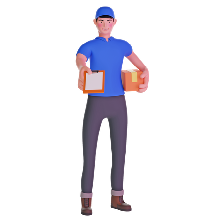 Delivery man giving bringing a package and holding out a clipboard 3D Illustration