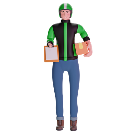 Delivery man giving bringing a package and holding out a clipboard 3D Illustration