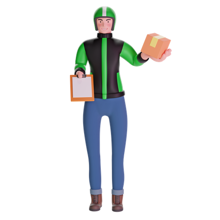 Delivery man giving bringing a package and holding out a clipboard  3D Illustration