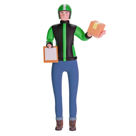 Delivery man giving bringing a package and holding out a clipboard  3D Illustration