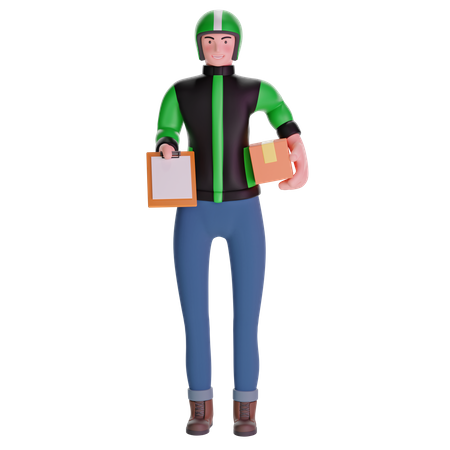 Delivery man giving bringing a package and holding out a clipboard  3D Illustration