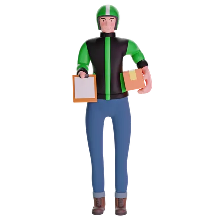 Delivery man giving bringing a package and holding out a clipboard  3D Illustration