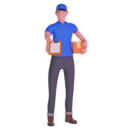 Delivery man giving bringing a package and holding out a clipboard  3D Illustration