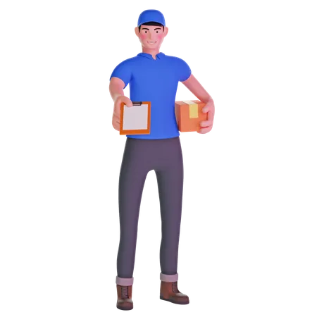 Delivery man giving bringing a package and holding out a clipboard  3D Illustration