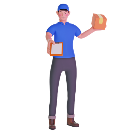 Delivery man giving bringing a package and holding out a clipboard  3D Illustration