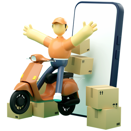 Delivery man giving delivery through mobile 3D Illustration