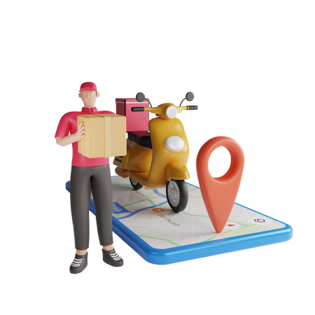 Delivery man going to delivery location on bike 3D Illustration